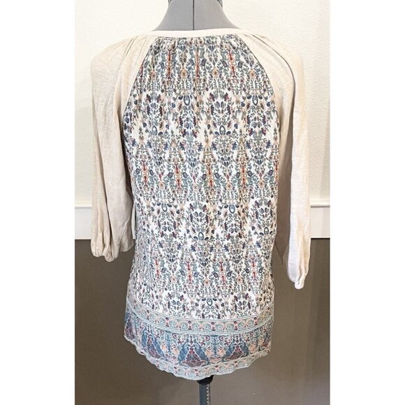 Vintage America Boho Peasant Top Sz M Tan 3/4 Sleeve Embroidered Floral - Picture 5 of 7